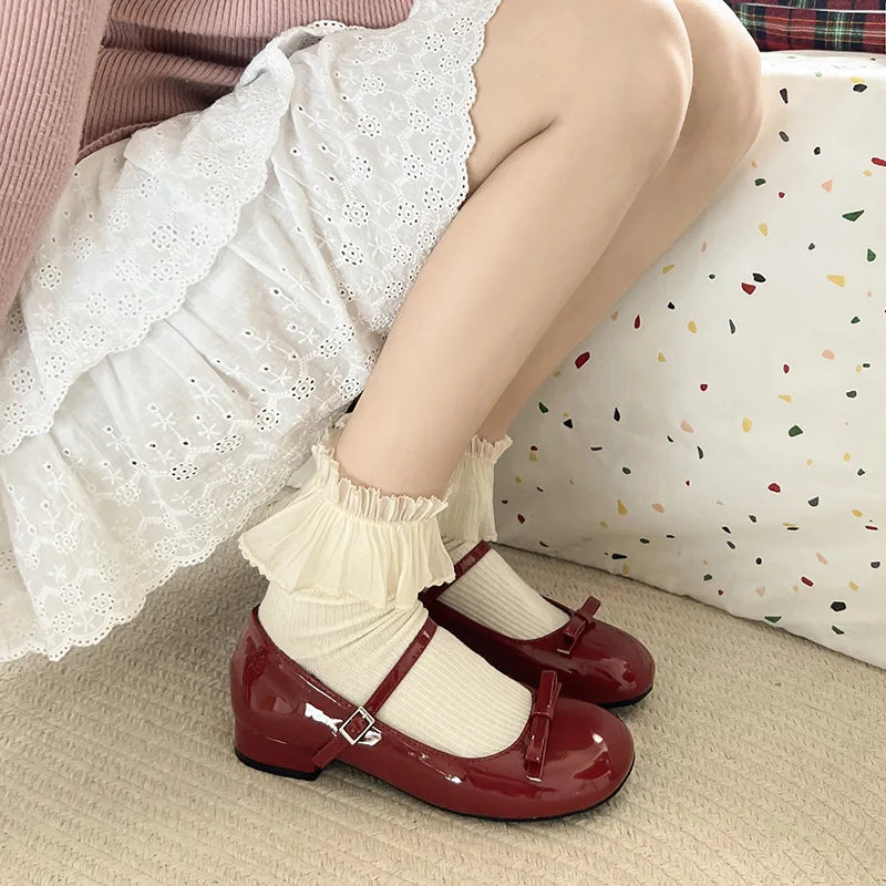 Spring Autumn Wine Red Mary Jane Shoes For Women Low Heel  Fashion Butterfly-knot Roud Toe Female Eelgant Dress Leather Shoes