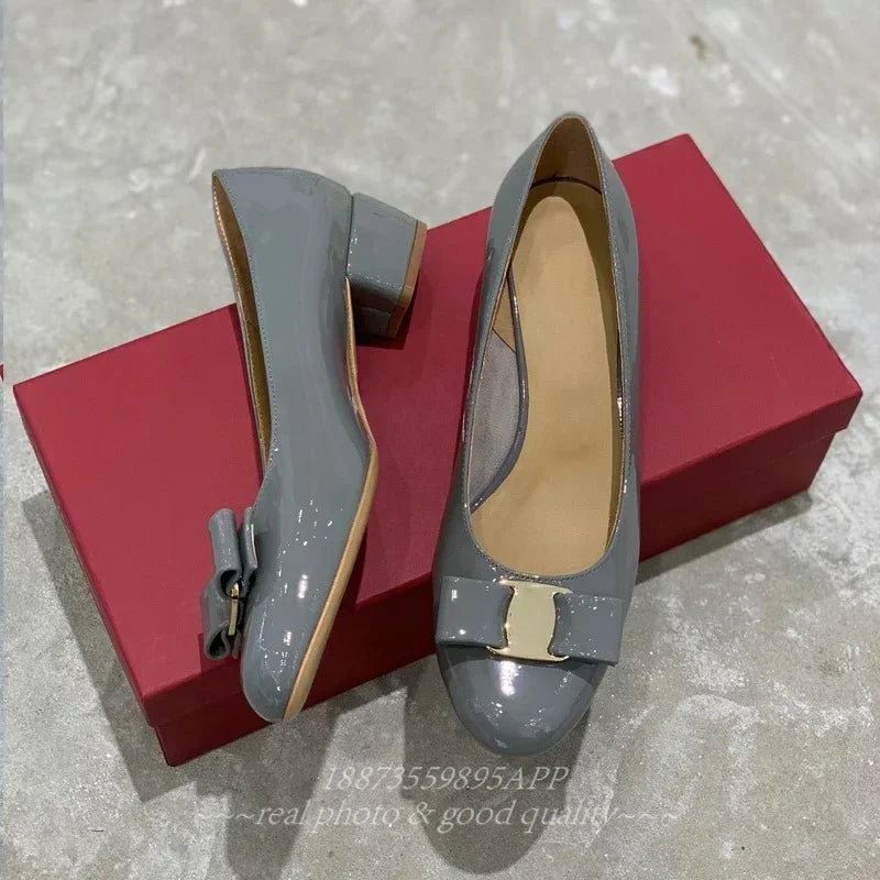 2025 FANGXITING Women's Bow Leather Shiny Leather Block Heels Classic Brand High Quality 100% Handmade Flats