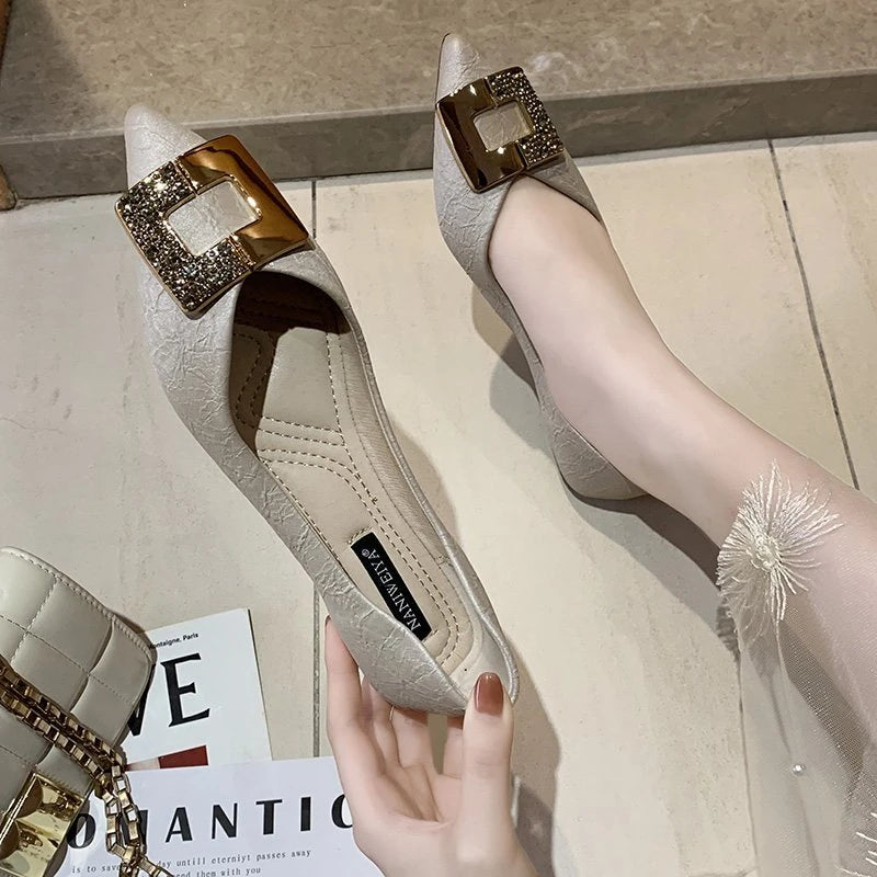 Spring Autumn Summer Winter Women's Flat Shoes Soft Bottom Square Buckle Design Casual round Toe Shoes Comfortable Rubber Sole