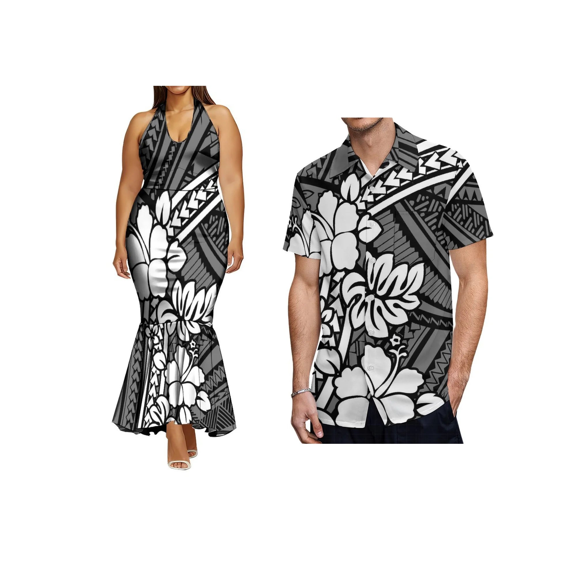 Print on Demand Ladies Sleeveless Fishtail Dress Hawaiian Polynesian Tribal Side Zipper Fishtail Halter Dress Custom Prom Dress