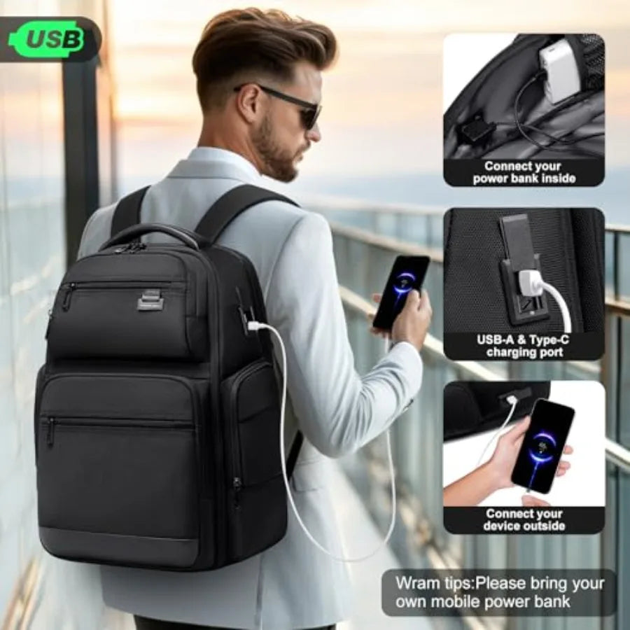 FENRUIEN Business Travel Backpack for MenLarge Capacity Laptop Backpack with USB Charging Port Multifunctional Water Resistant