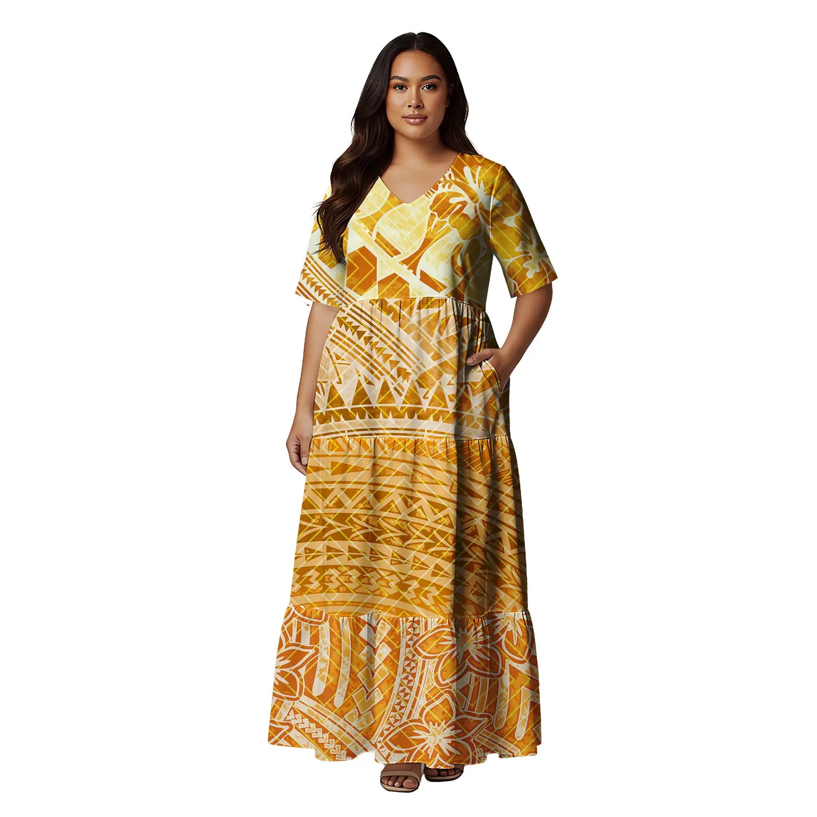 Short Sleeve Hawaii Tropical Floral Pattern Tiered Cake Dress Maxi Polynesian Clothing Tribal Is land Fiji Tonga Church Dress