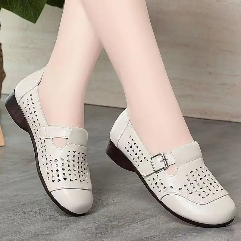 Women's Leather Hollow Out Low Heel Shoes Spring Summer Soft Sole Non Slip Round Toe Slip On Middle Aged And Elderly Sandals