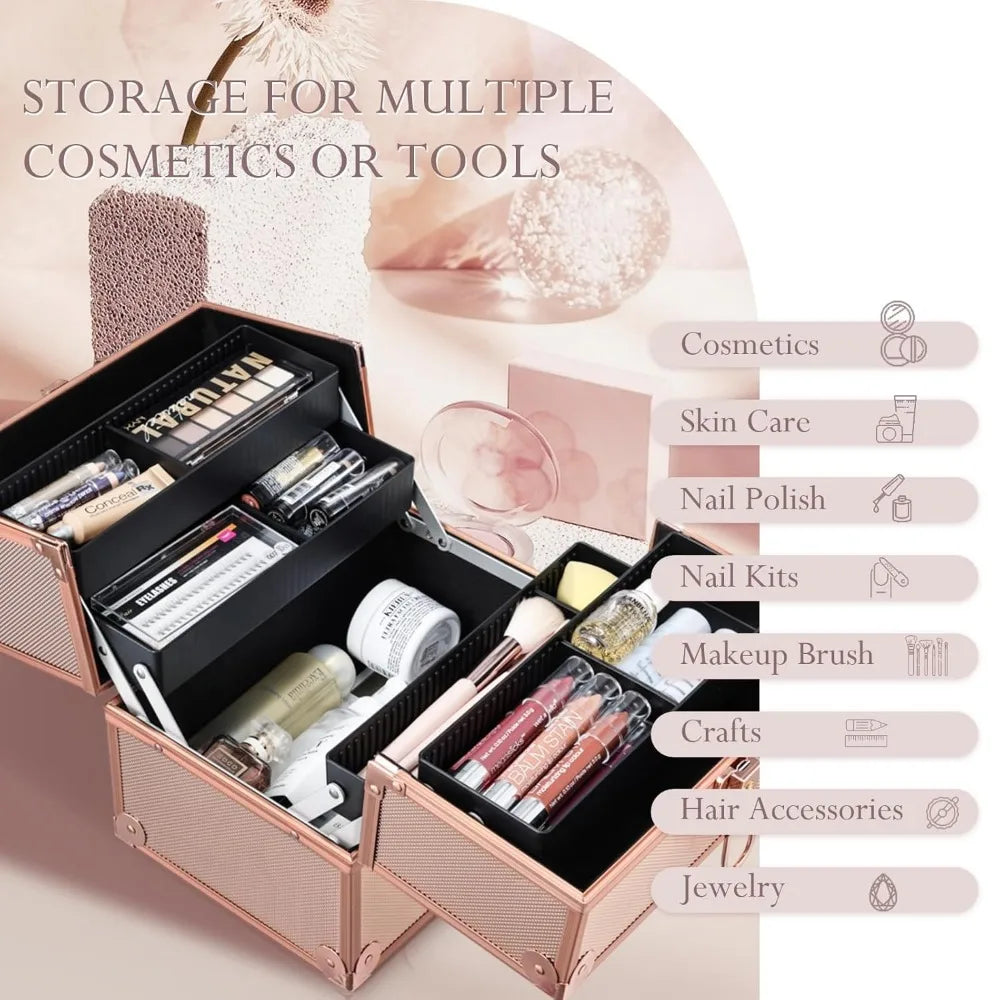 Portable Lockable Makeup Train Case with Dividers, Rose Gold Cosmetic Organizer for Travel & Storage