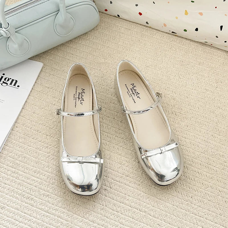 Spring Autumn Wine Red Mary Jane Shoes For Women Low Heel  Fashion Butterfly-knot Roud Toe Female Eelgant Dress Leather Shoes