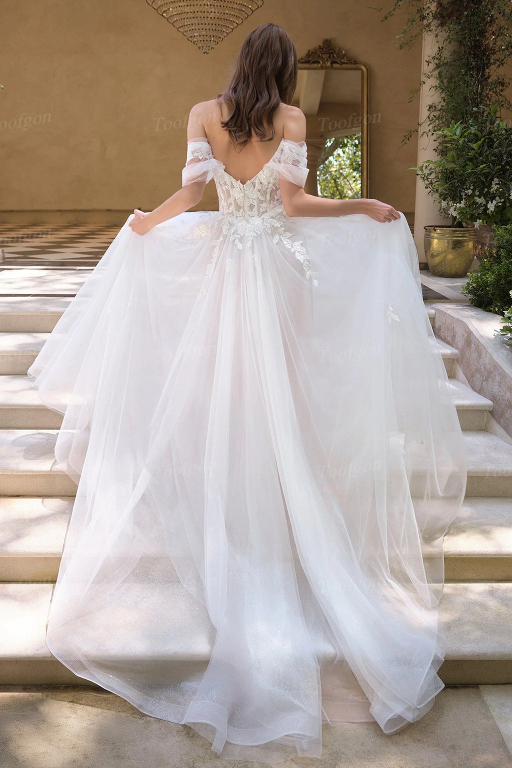 Toofgon Shiny Boho Appliques Lace Customized Wedding Dresses See Through Top Formal Party Bride Dress Country Long Bridal Gowns