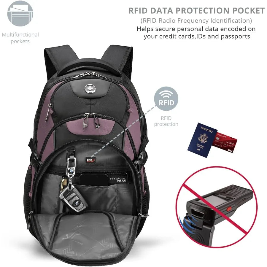 Swissdigital Design Laptop Backpack with USB Charging Port Travel Backpack Fits 15.6 inches Computer 31L College School Backpac