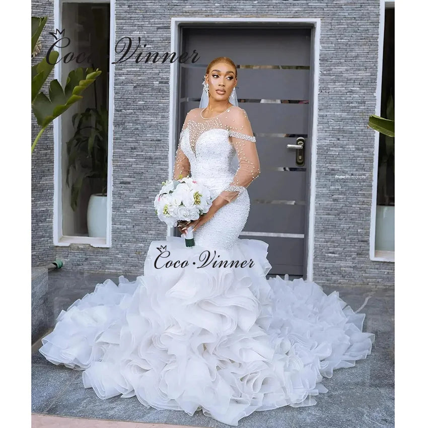 Customized Long Ruffle Train Wedding Dress Mermaid 2025 New 3 Quarter Sleeves Pearls Beading Mermaid Wedding Dresses Women W1486