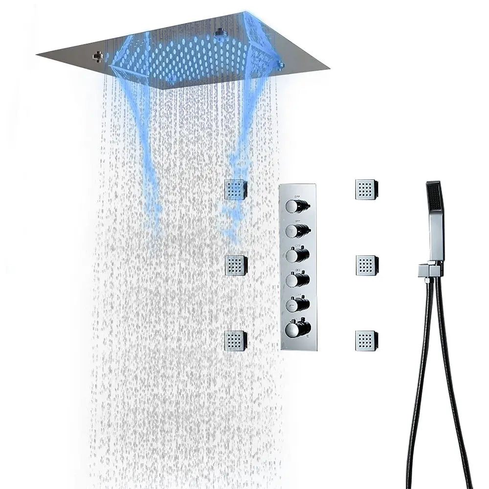 Smart LED Shower Head Rainfall Rain Massage Thermostatic Concealed Bathroom Set Polished Ceiling Mount Rainfall Thermostatic