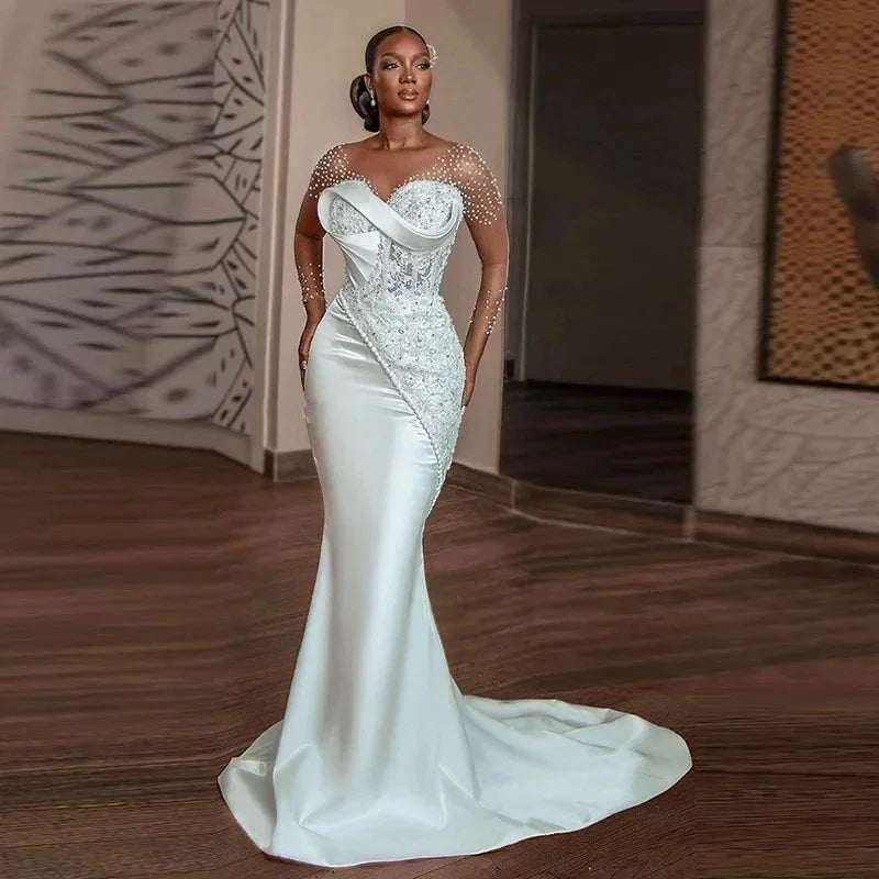 Elegant African Women's Mermaid Wedding Dress Phantom Long Sleeve beadwork Bridal Dress Plus Size Wedding Dress Customization