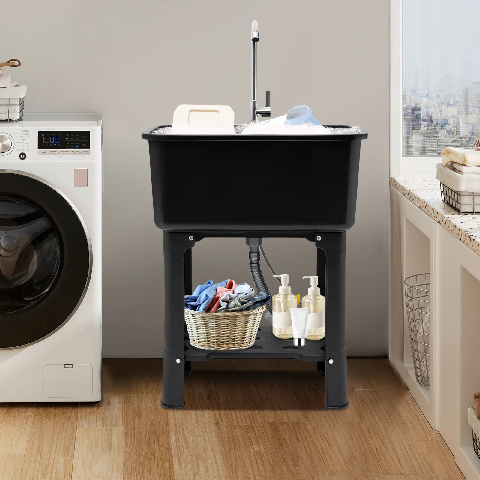 Freestanding Stainless-Steel Utility Sink with Storage Shelf with 360° Rotatable Faucet for Cleaning Clothes, Pets, Pots