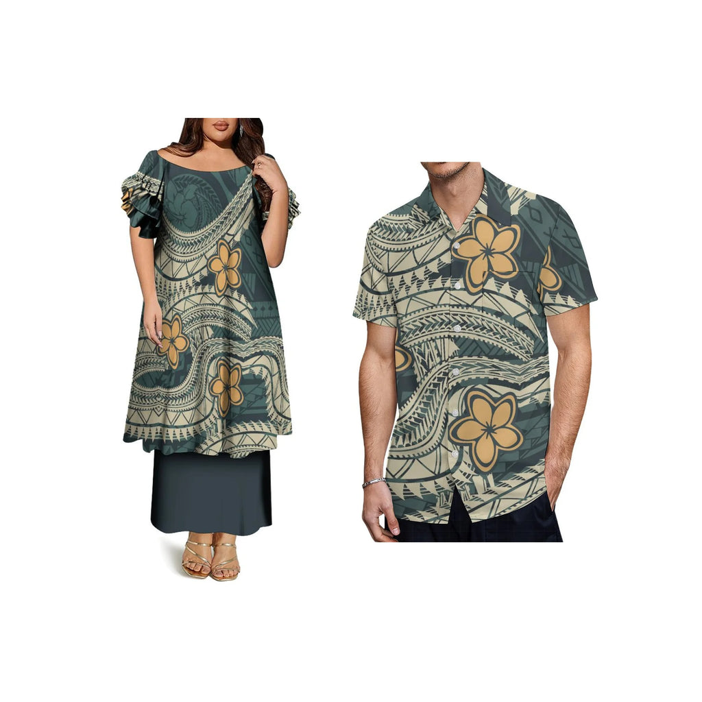 Custom Frill Short Sleeve Womens Dress Polynesian Samoan Puletasi Dress 2 Piece Pacific Island Design Off the Shoulder Dress