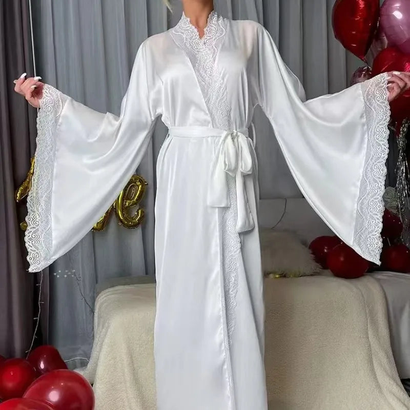 New satin long pajamas women's lace light luxury long-sleeved cool nightgown bathrobe loungewear