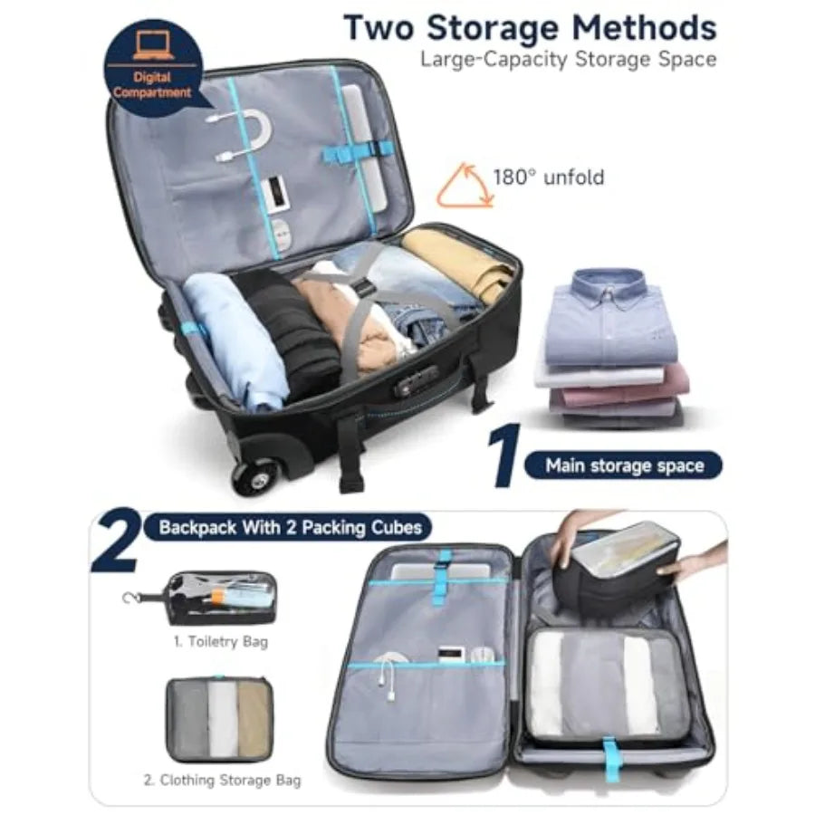 Rolling Laptop Backpack 2 in 1 Carry on Backpack with Wheels Water Resistant Carry on Suitcase with 2 Packing Cubes TSA Large T