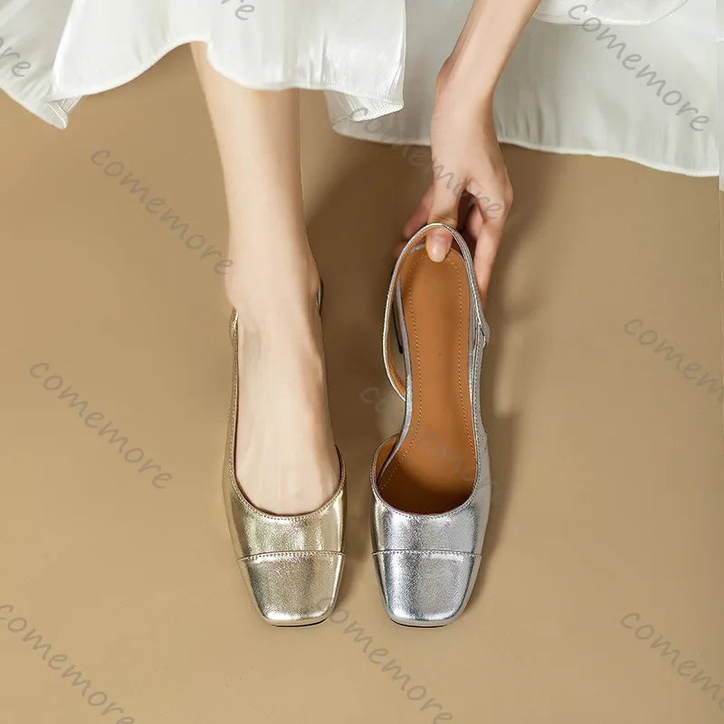 Summer French Comfortable Square Toe Shallow Mouth Pumps Back Strap Low Heel Single Shoes Sandals for Women Zapatos De Mujer