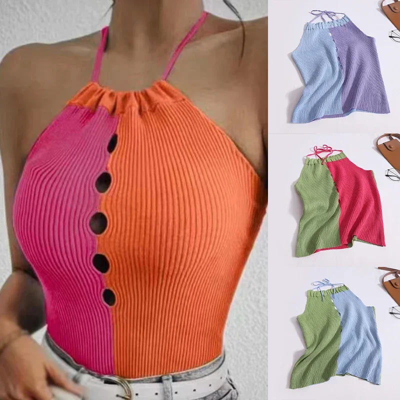 Women Summer Vest Top Sexy Halter Hollow Out Slim Fit Crop Top Knitted Camisole Top Lady Contrast Color Sleeveless Tank Tops
