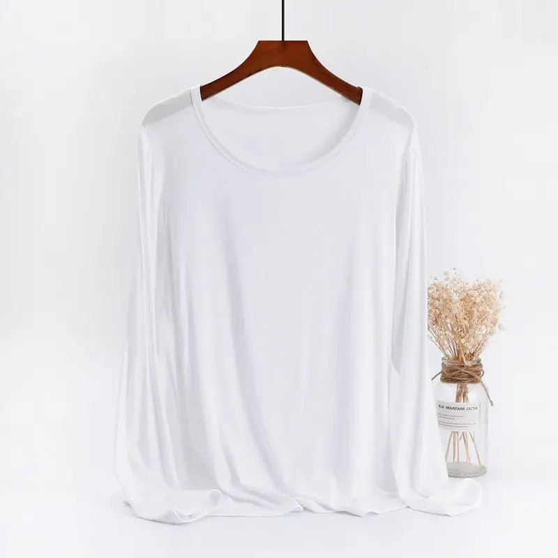 Spring and Autumn New Loose Large Round Neck Bottom Shirt for Women's Fat Mm Modal Solid Color Long Sleeve T-Shirt Top Pajamas