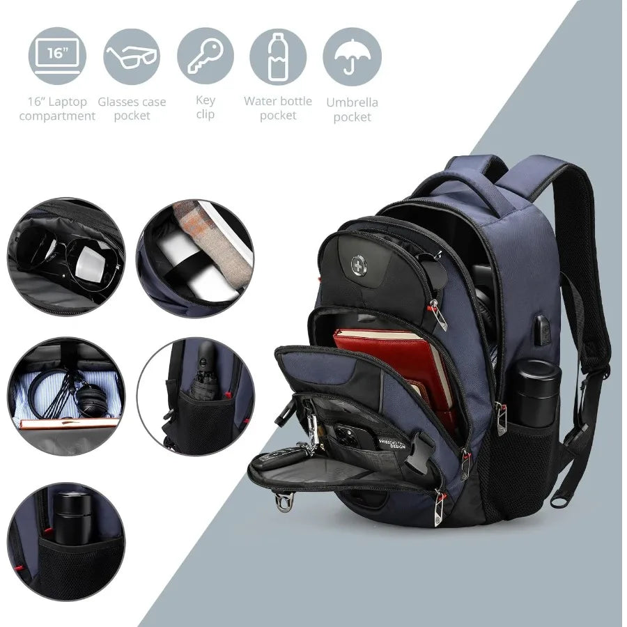 Swissdigital Design Laptop Backpack Travel Backpack with USB Charging Port Fits 15.6 inches Computer 31L College School Bookbag