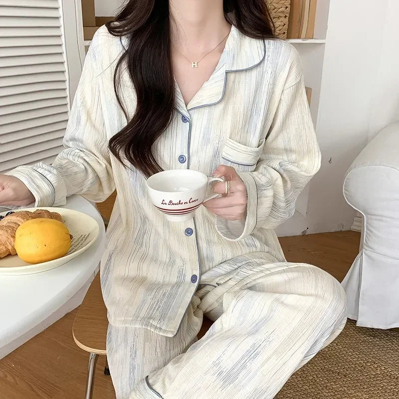 Striped Minimalist Pajamas Women Plus Size Long Sleeve Trousers Ladies Nightwear Pregnant Women's Clothing Set Fashion Sleepwear