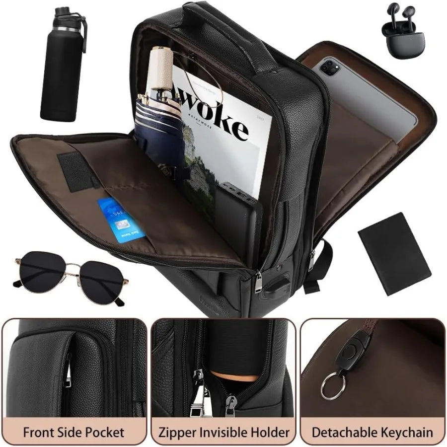 Full Grain Genuine Leather Backpack for Men Multi-Functional 15.6" Laptop Backpack with USB Charging Black Convertible Business