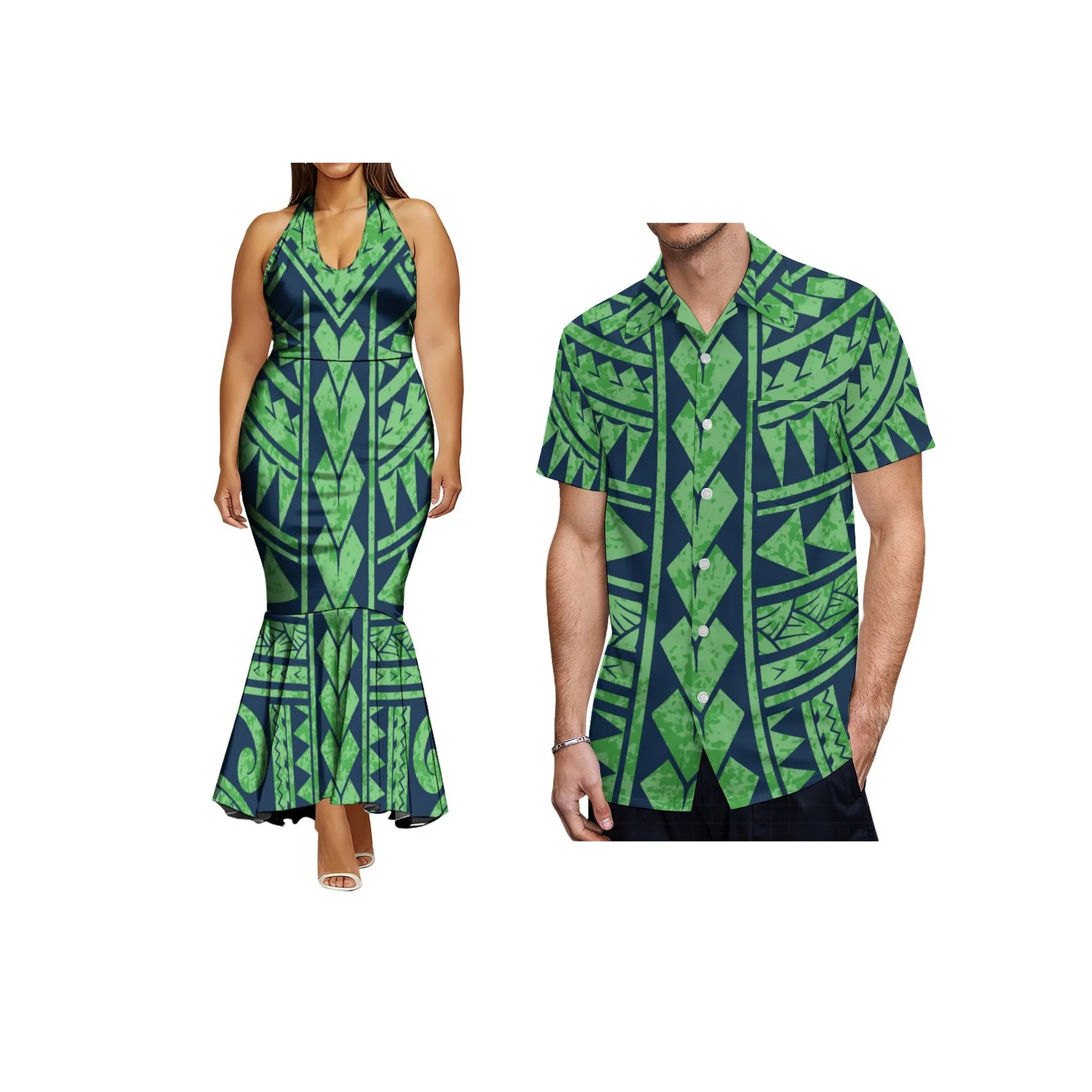 Print on Demand Ladies Sleeveless Fishtail Dress Hawaiian Polynesian Tribal Side Zipper Fishtail Halter Dress Custom Prom Dress