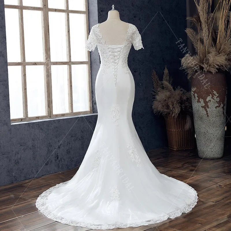Classic Lace Appliques Mermaid Wedding Dress For Women V Neck Short Sleeves Elegant Lace Up Back Bridal Gowns TSWD655