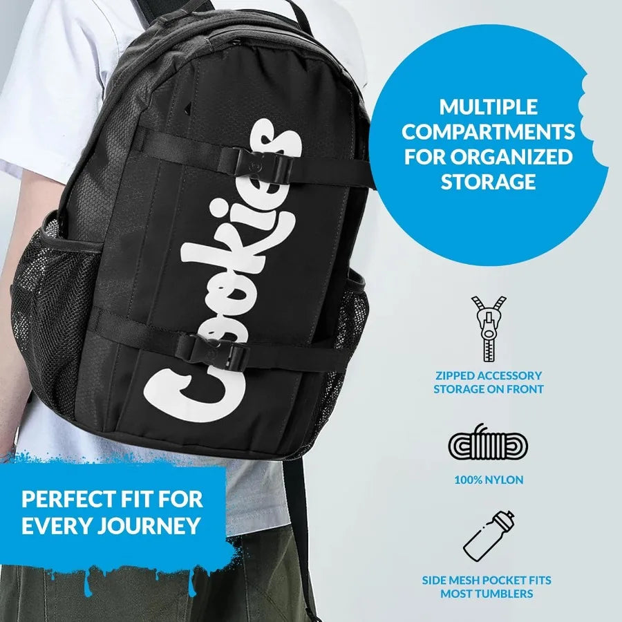 COOKIES Non-Standard Ripstop Nylon Backpack Durable Tear-Resistant Bag with Heavy-Duty Zippers Mesh Side Pockets Adjustable Str