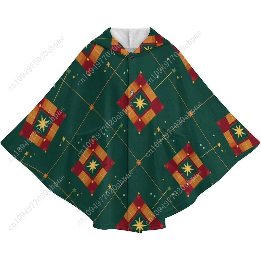 Cozy Flannel Blanket Sweater,Geometric Pattern Green Oversized Hoodie With Pockets For Kids And Teenagers