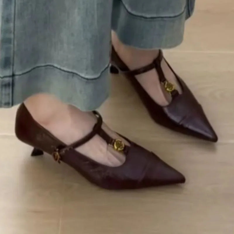 Luxury Metal Buckle Designer Women's Spring Leather Shopping Party Stiletto Heels 2025 Retro Outdoor Casual Women's High Heels