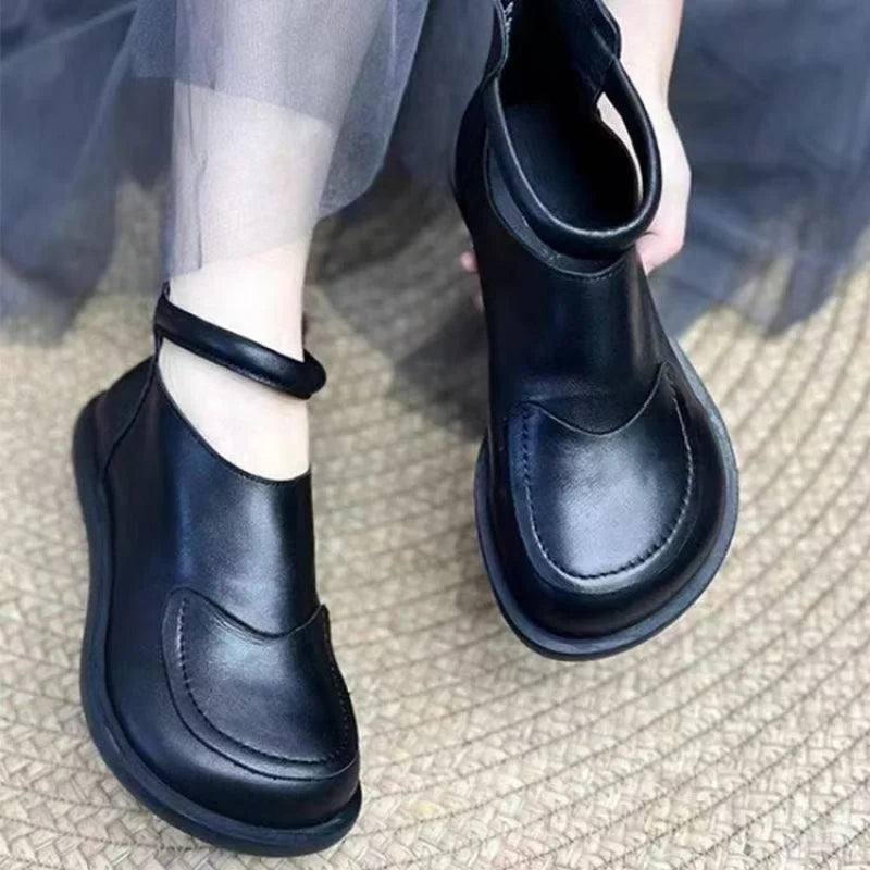 2025 Women's Soft Leather Ankle Boots Patch Round Toe Slip-On Casual Shoes Breathable Black Booties