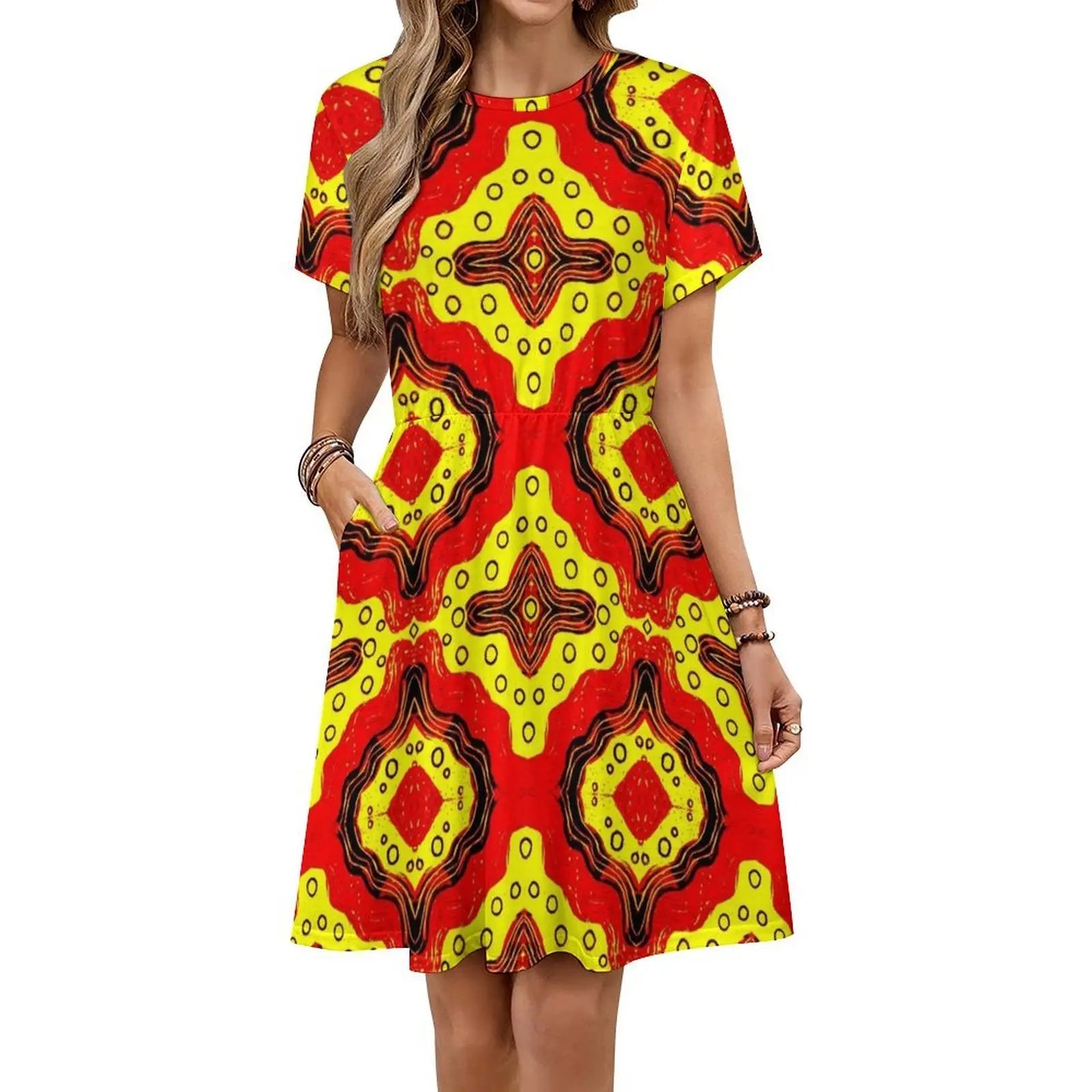 Pattern In Red And Yellow Women's Elegant Party Dress A-Line Dress With Short/Long/Sleeveless Options Pattern Red Yellow Red