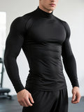 1-Piece Men’s Black Raglan Mock Neck Compression Sports Top, Lightweight Breathable Stretch Long Sleeve Activewear Training, men