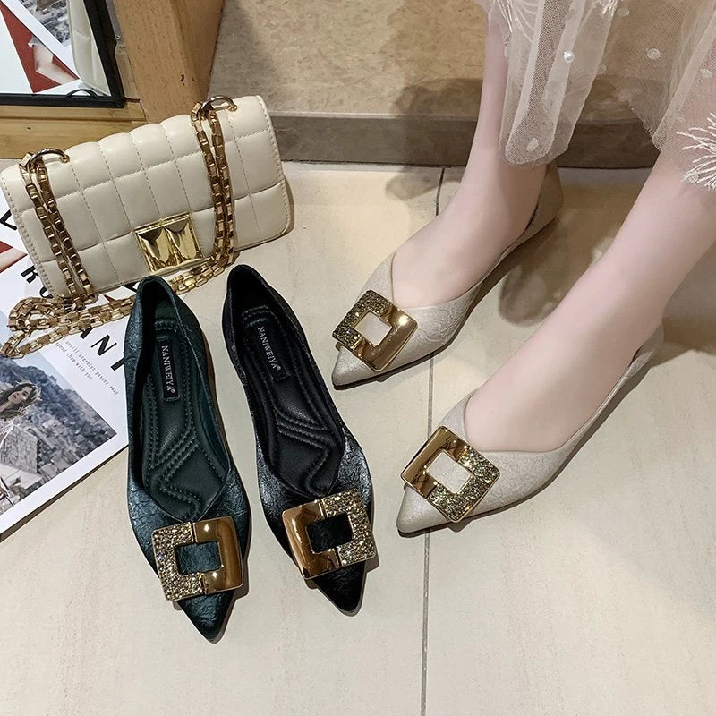Spring Autumn Summer Winter Women's Flat Shoes Soft Bottom Square Buckle Design Casual round Toe Shoes Comfortable Rubber Sole