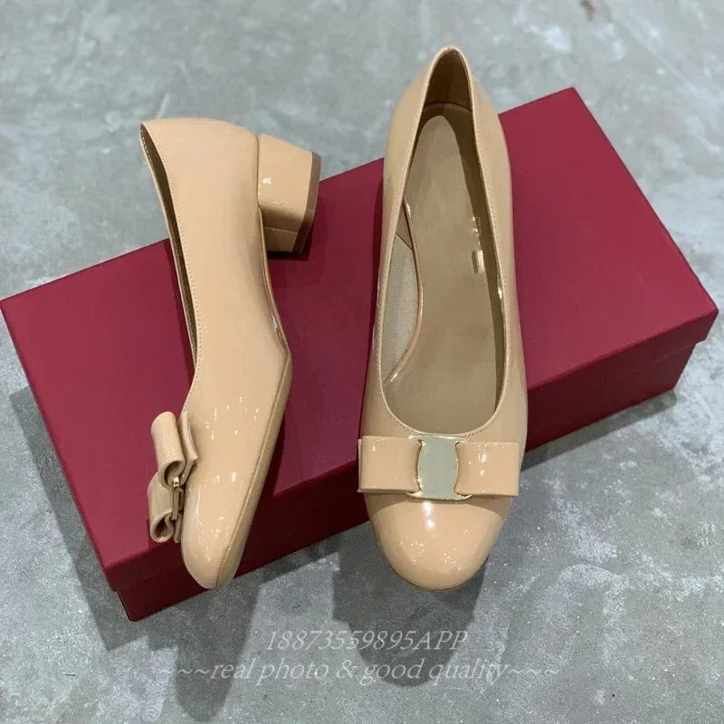 2025 FANGXITING Women's Bow Leather Shiny Leather Block Heels Classic Brand High Quality 100% Handmade Flats