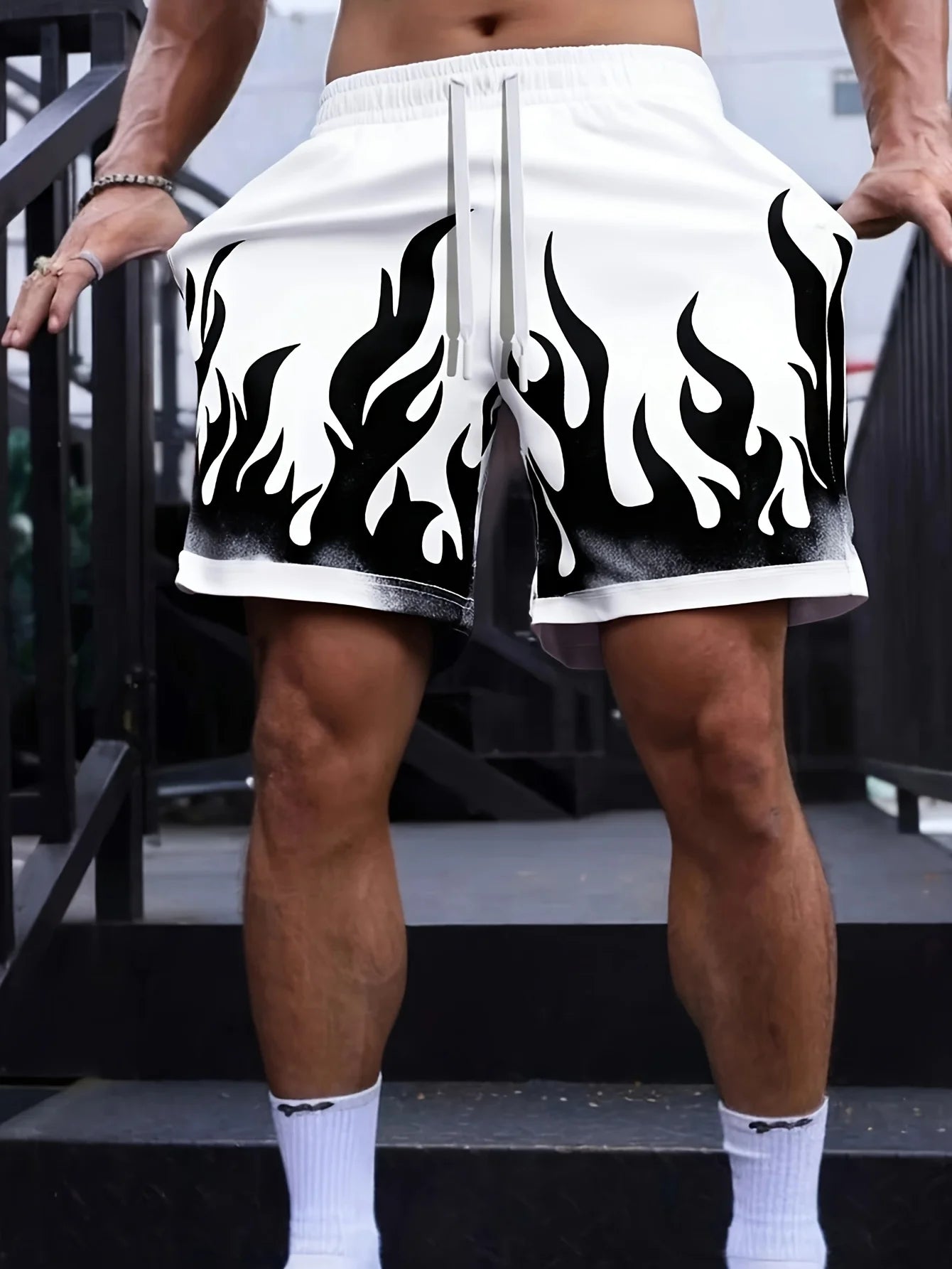 Summer men's comfortable breathable shorts with flame print pattern suitable for outdoor leisure travel wear