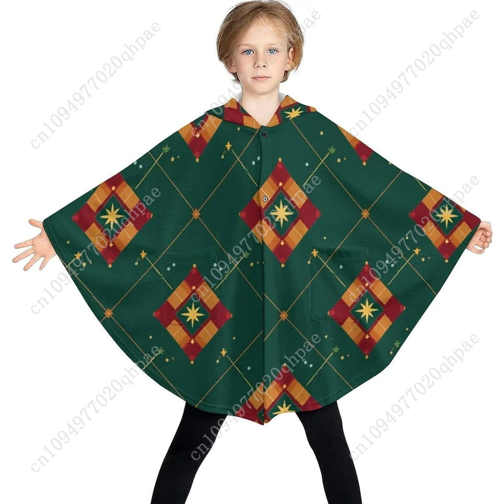 Cozy Flannel Blanket Sweater,Geometric Pattern Green Oversized Hoodie With Pockets For Kids And Teenagers