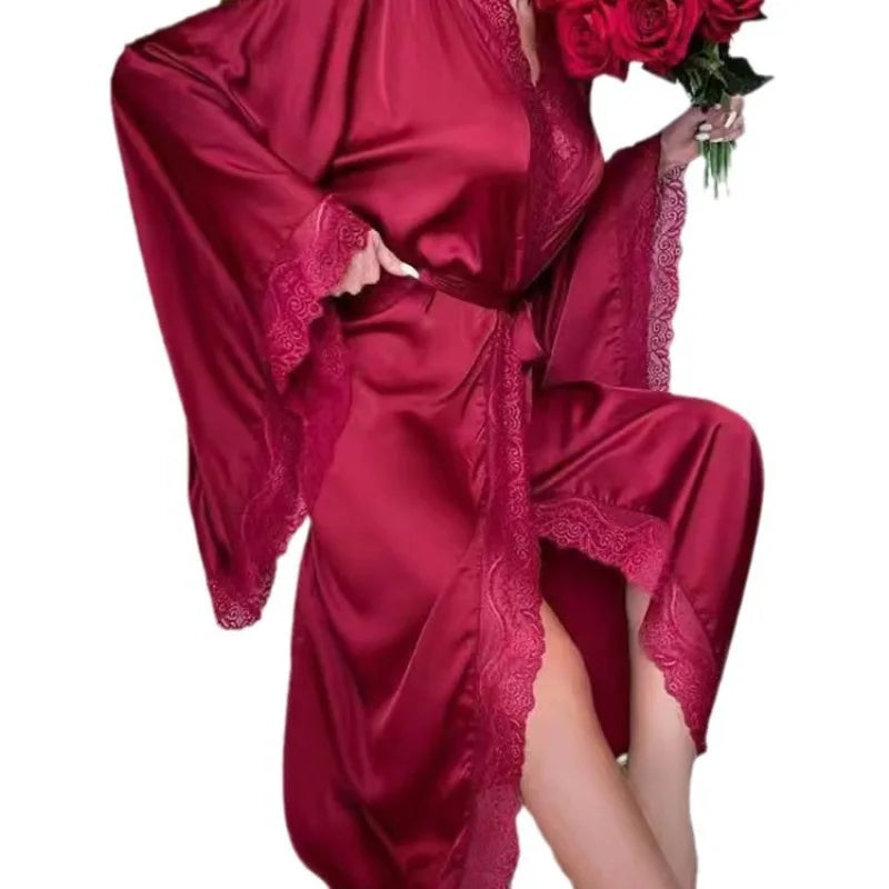 New satin long pajamas women's lace light luxury long-sleeved cool nightgown bathrobe loungewear