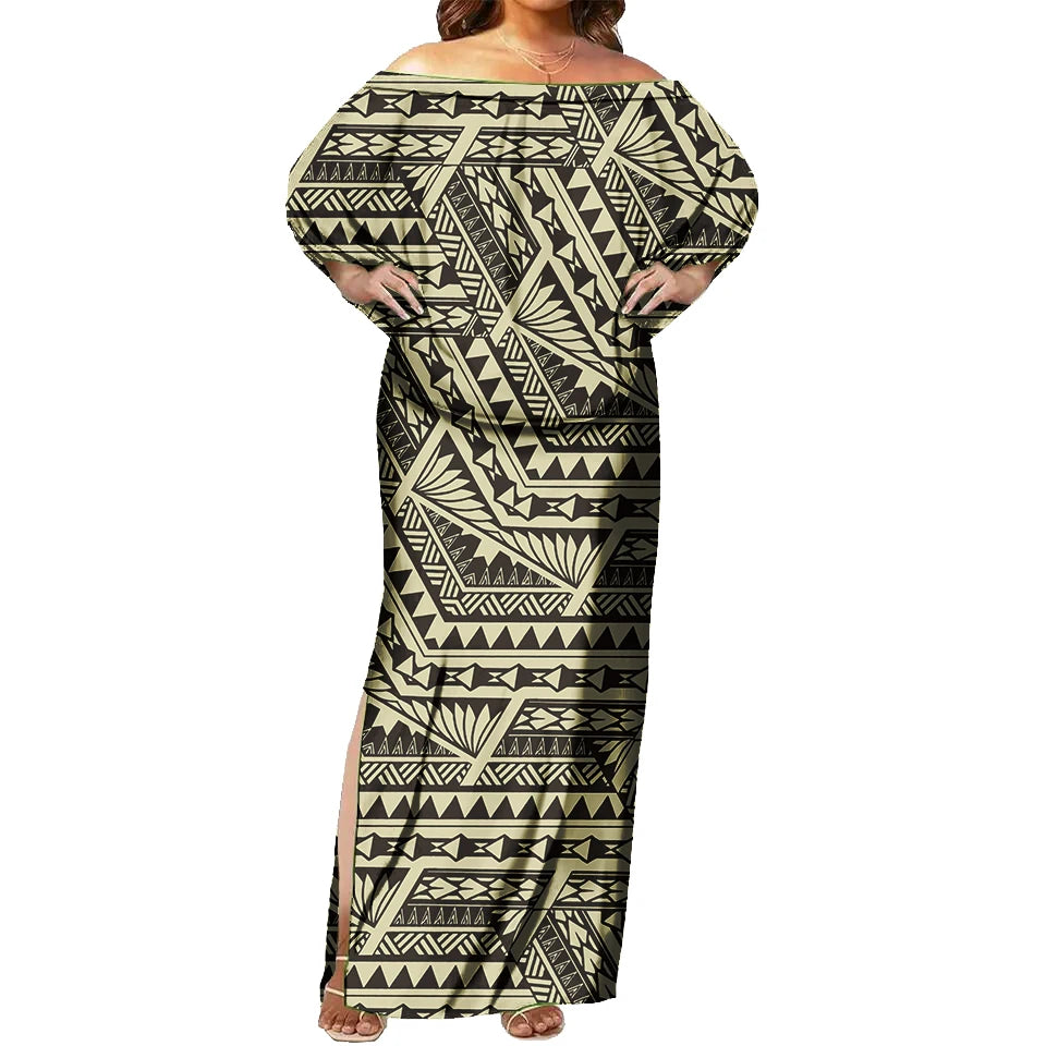 Tapa Tribal Design Sexy off Shoulder Sleeveless Dress Tropical Floral Print Polynesian Fashion Maxi Dress Tight