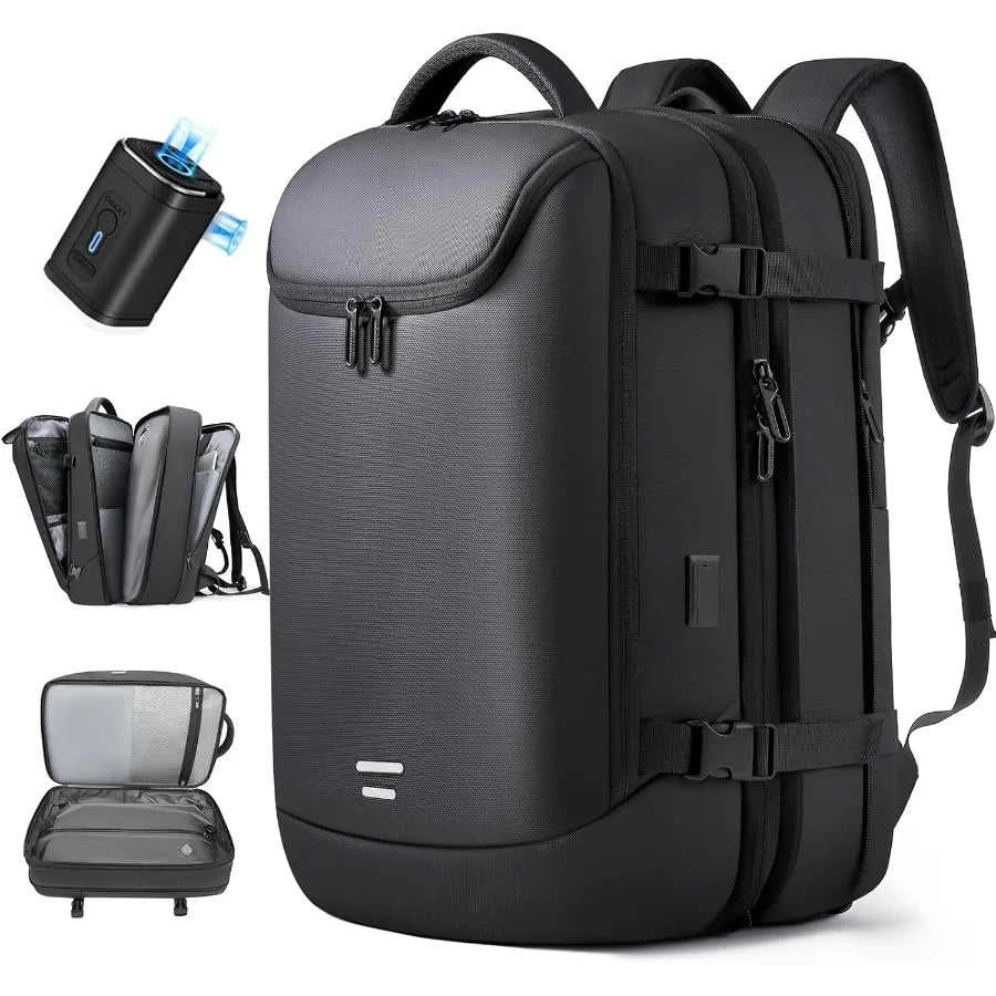Vacuum Backpack Travel with Pump 40L Expandable Carry on Compression Backpack Flight Approved for Women Men Fit 17 Inch Laptop