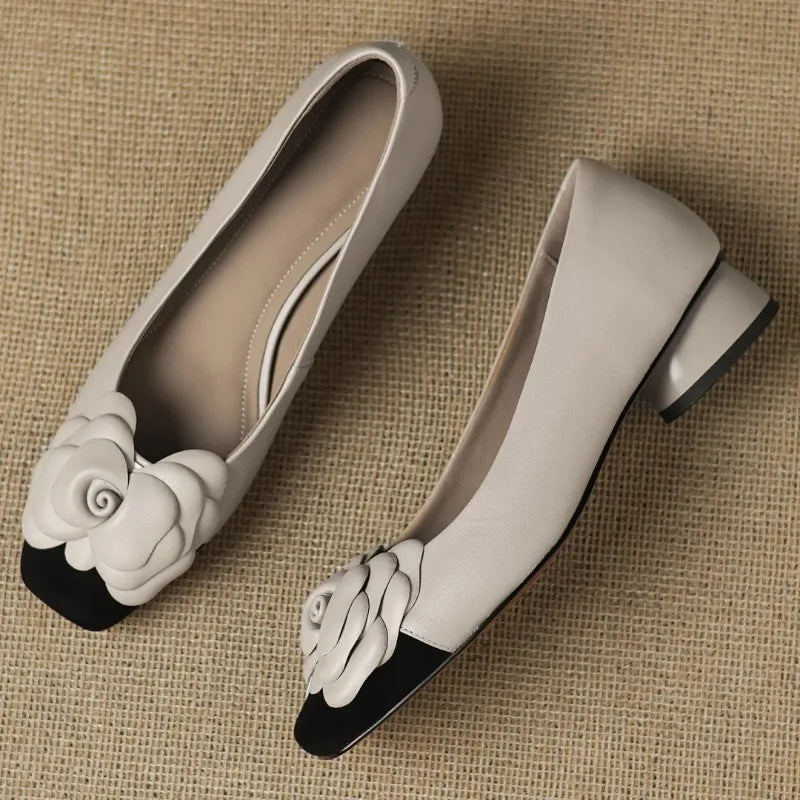 Plus size 34-41 women's sheepskin mix color patchwork slip-on pumps flower decoration OL style daily slim dress heeled shoes hot