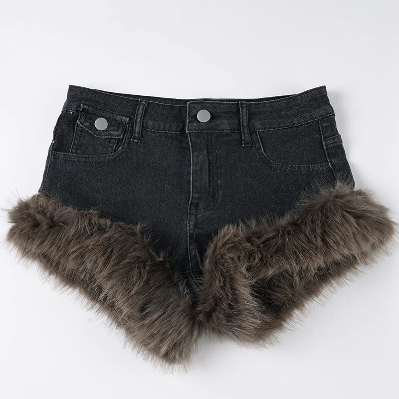 2025 Winter New Retro Fluffy Splicing Denim Shorts Spice Girl Warm Fashion Low Waist Hip Hot Pants Women