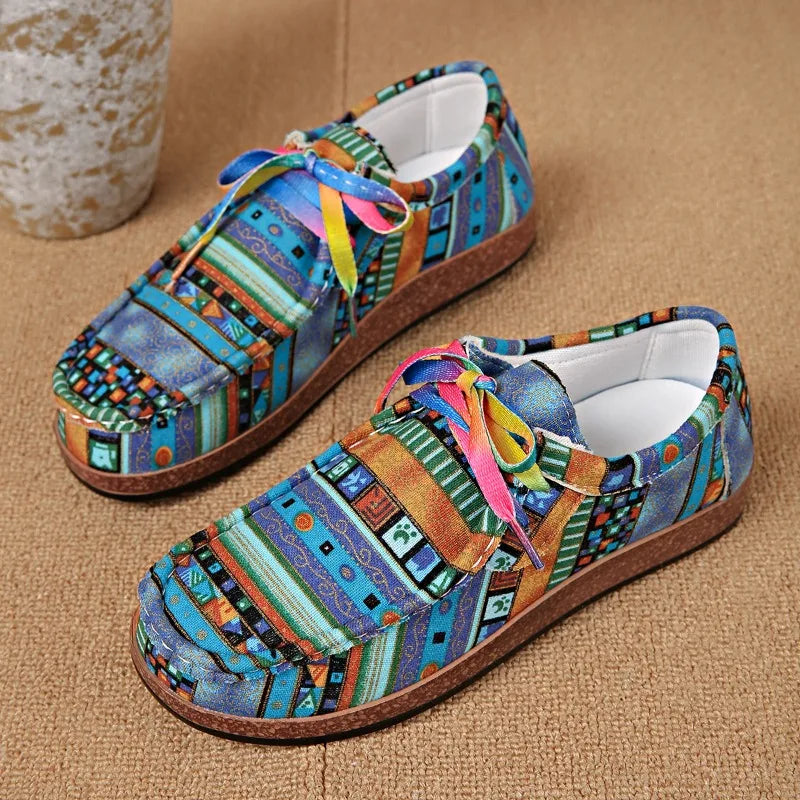 Ethnic style casual women's single shoes, colorful lace-up graffiti low-top shoes, comfortable round-toe women's shoes