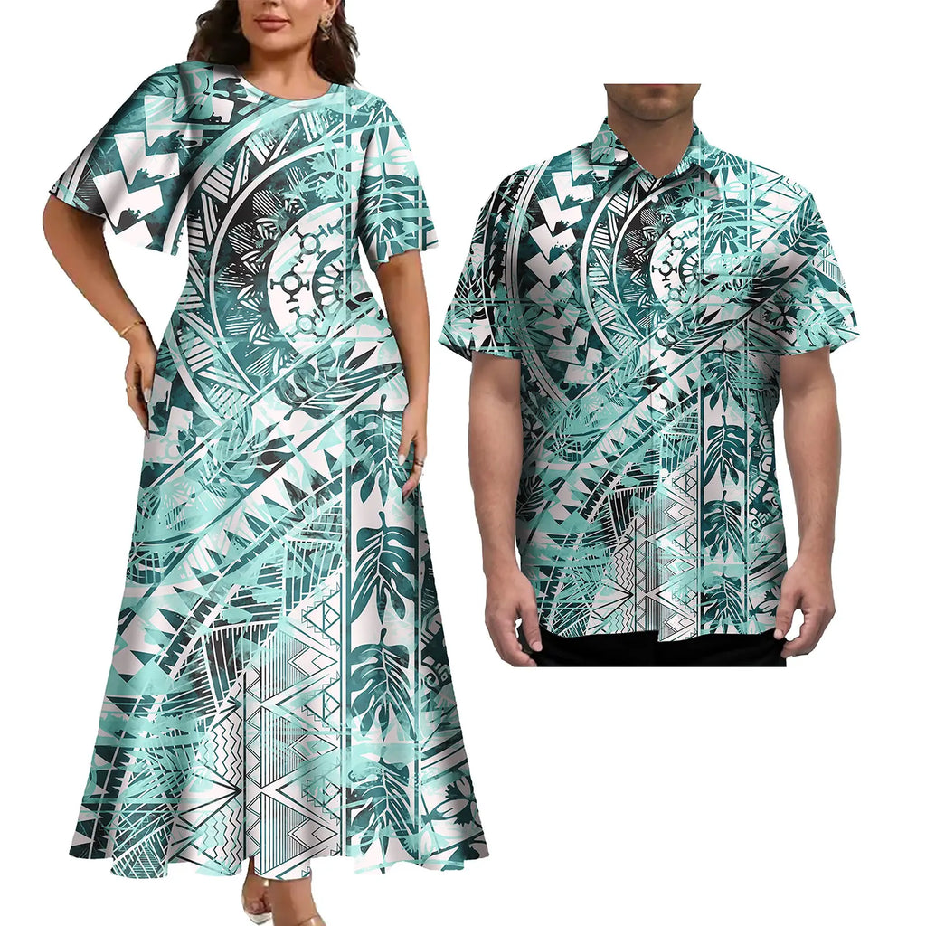 Latest Plus Size Couple Clothing Polynesian Tropical Print Women's Casual Dress Island Style With Matching Men's Hawaiian Shirt