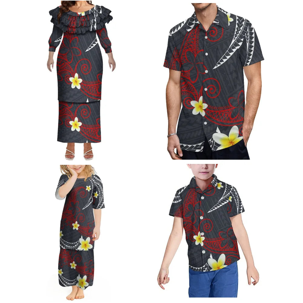 Casual Family Wear Elegant Lotus Leaf Lace Mid-Sleeved Fitted Puletasi Suit Dress Women'S Dress Polynesian Custom Men'S Shirt