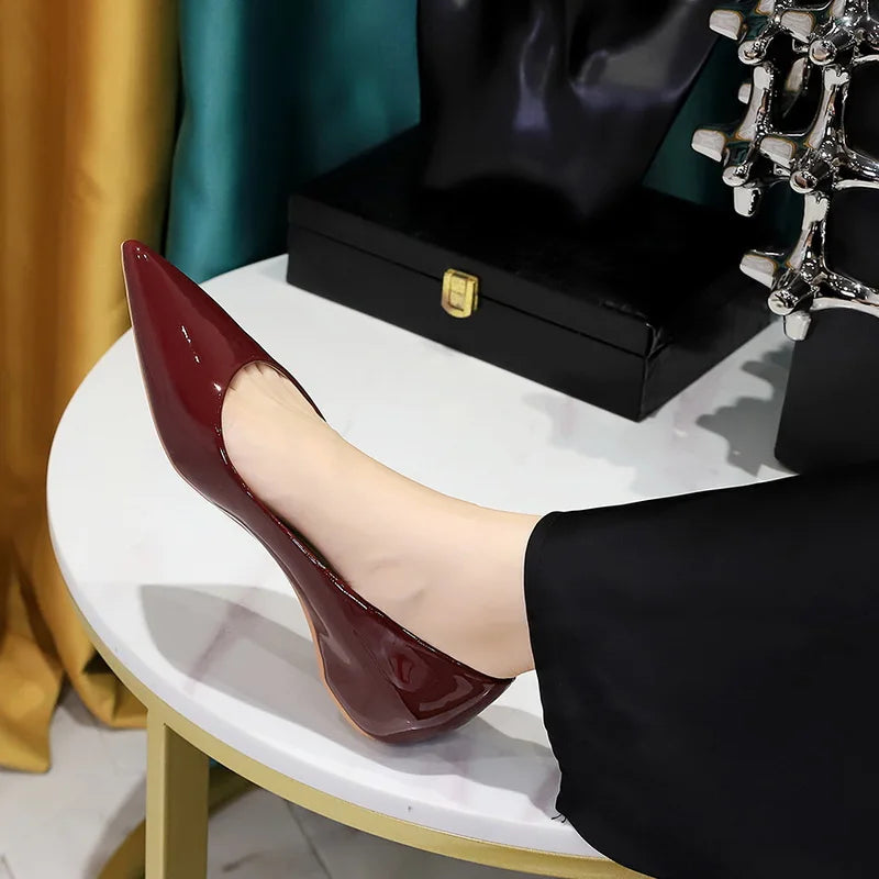 2025 New Spring Women Low High Heels Dress Party Pointed Toe Patent Leather Pumps Ladies White Black Nude Wine Red Shoes F0001