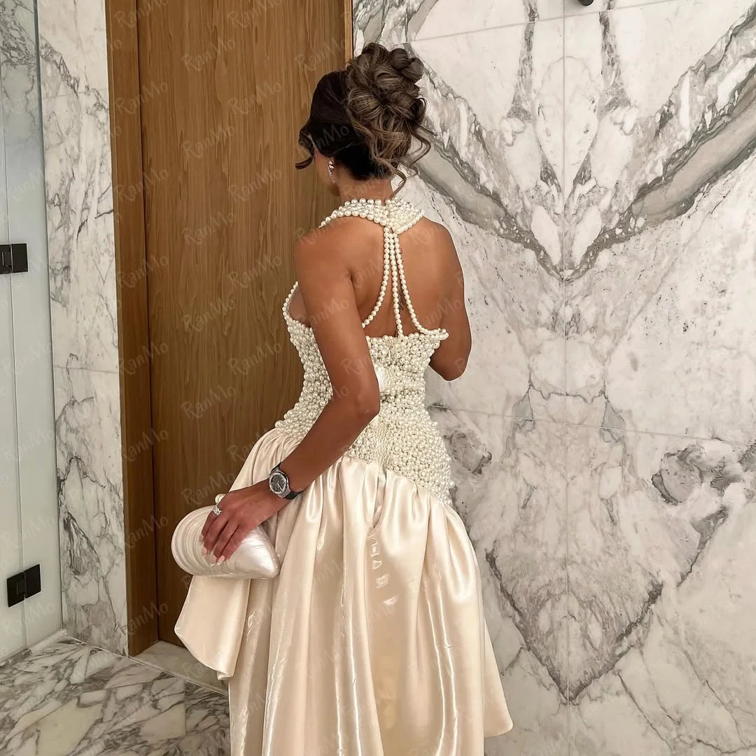 Ranmo Customized Luxury Sleeveless Halter Prom Dresses V-Neck Pearls Prom Dresses V Neck Pearls Backless Evening Party Dresses