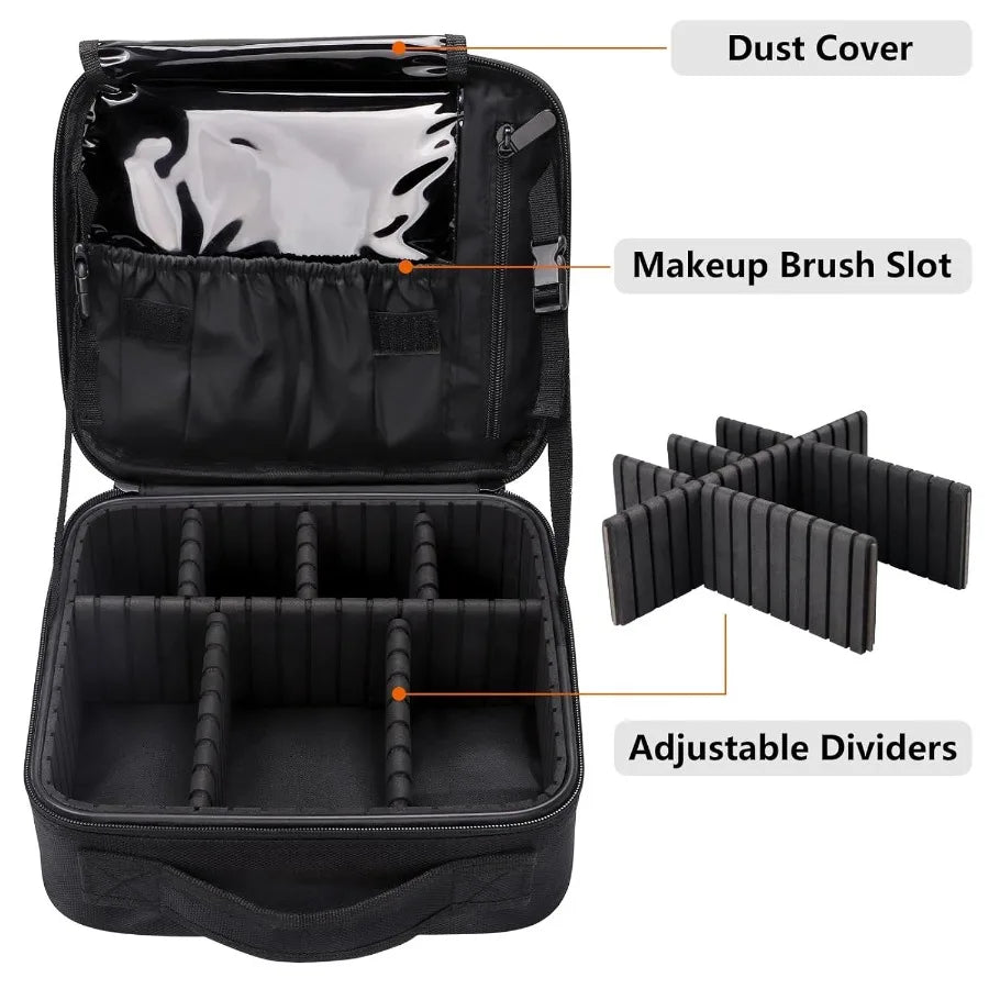 Travel cosmetic bag women's portable cosmetic case professional cosmetic storage box with adjustable dividers can store makeup