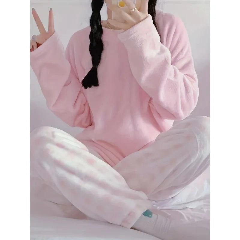 Thickened Warm Sleepwear for Winter Simple O-Neck Loose Flannel Plaid Pants Loungewear Soft 2 Piece Set Pajamas Homewear