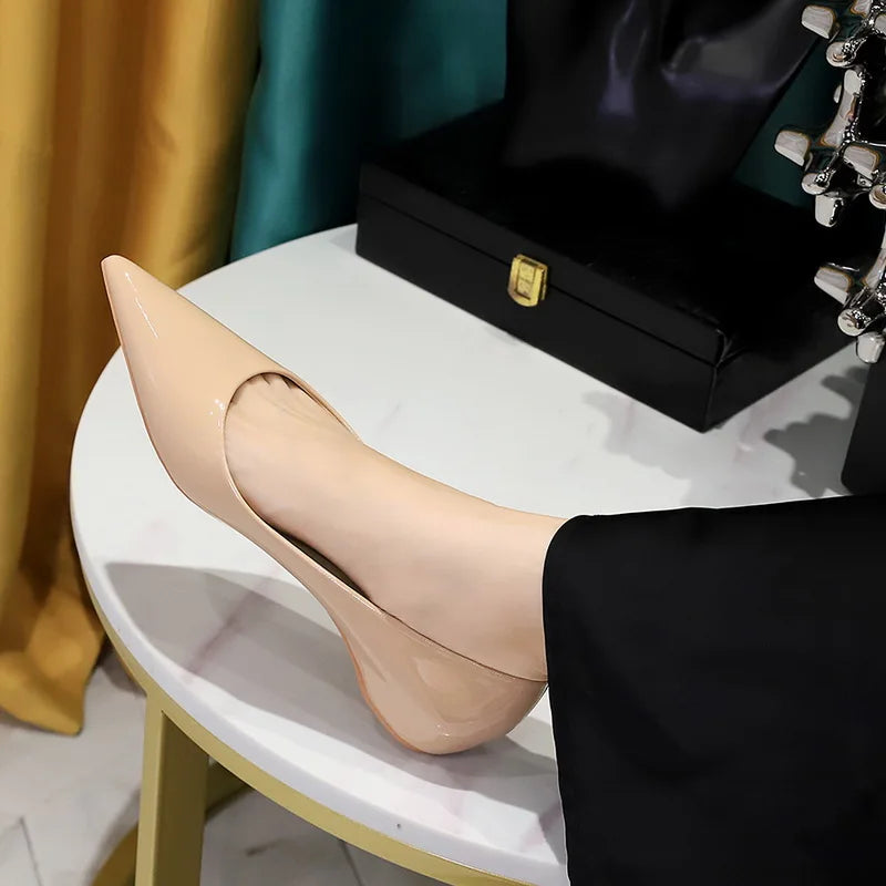 2025 New Spring Women Low High Heels Dress Party Pointed Toe Patent Leather Pumps Ladies White Black Nude Wine Red Shoes F0001