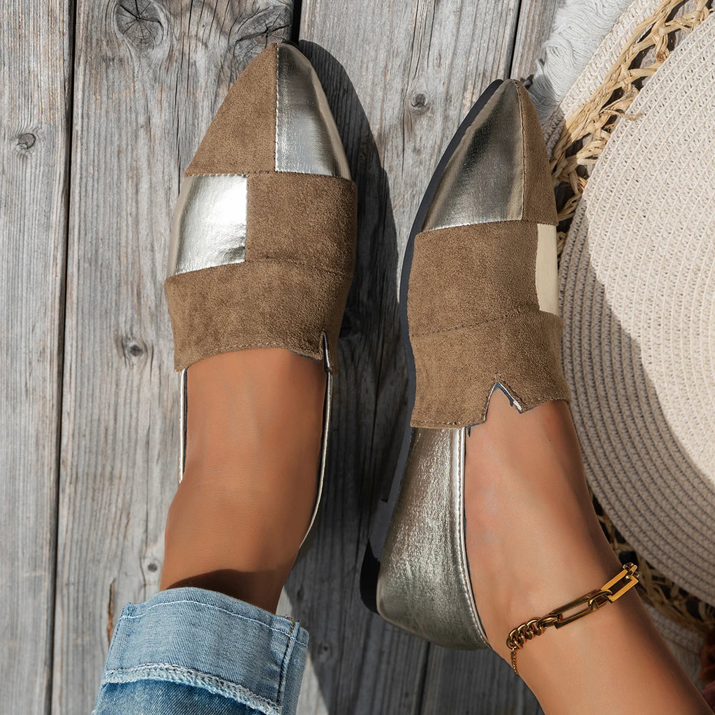 Women's Color-Blocked Pointed-Toe Loafers: Slip-On Lazy Casual Shoes, Stylish Commuting Work Shoes